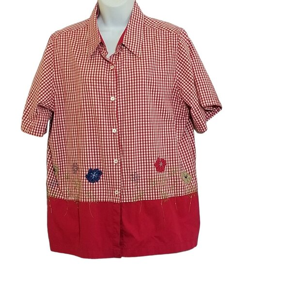 Bobbie Brooks Vintage Faux 2 Piece Red Top Size 14W Embroidered Beads Gingham Tw - Picture 5 of 13